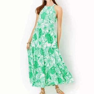 Lilly Pulitzer Green and White Tiered Halter Maxi Dress, Size Small